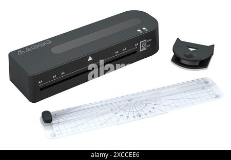 Machine à laminer avec massicot rotatif et perforateur de coin. Rendu 3D isolé sur fond blanc Banque D'Images