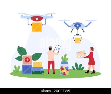 Charité, livraison de boîtes d'aide humanitaire et distribution aux personnes nécessiteuses, travail d'organisation caritative. Drones livrant des paquets de dons à de minuscules volontaires illustration vectorielle de dessin animé Illustration de Vecteur