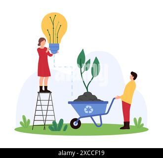 Production d'électricité à partir de biomasse, de sources renouvelables alternatives, de production d'énergie verte. De minuscules personnes connectent l'ampoule lumineuse et le sol avec la plante dans l'illustration vectorielle de dessin animé de brouette Illustration de Vecteur