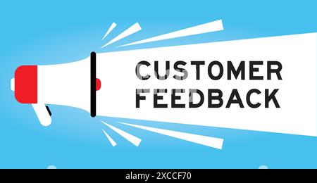 Icône de mégaphone de couleur avec le mot commentaires du client dans la bannière blanche sur fond bleu Illustration de Vecteur