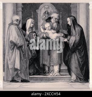 Cette gravure représente la scène biblique de la présentation de Jésus au Temple. L'image est une reproduction fidèle de la peinture originale de Fra Bartolommeos. Banque D'Images