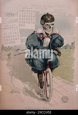 Une lithographie de L. Crusius de 1898 représente un squelette habillé en cycliste. Le squelette porte une robe bleue avec un col blanc et une jupe à carreaux. Il roule à vélo sur un chemin de terre, avec un calendrier de mai et juin 1898 visible en arrière-plan. L'image est intitulée A Century Maid et est une représentation humoristique de la popularité croissante du cyclisme à la fin du XIXe siècle. Banque D'Images