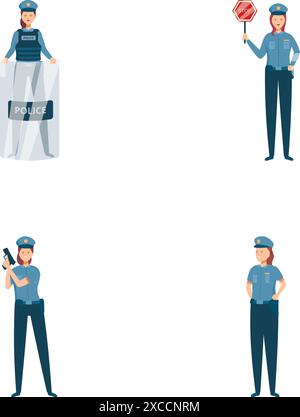 Collection de quatre personnages policiers illustrés en uniforme démontrant différentes tâches et poses Illustration de Vecteur