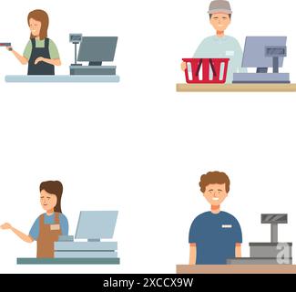Quatre illustrations vectorielles montrant des individus dans divers scénarios de caisse Illustration de Vecteur