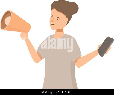 La jeune femme tient un mégaphone et un smartphone, annonce des nouvelles et reste connectée Illustration de Vecteur