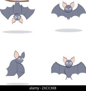 Ensemble de quatre chauves-souris de dessin animé mignonnes dans différentes poses isolées sur un fond blanc Illustration de Vecteur