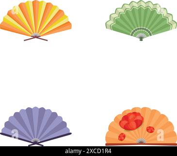 Collection de quatre ventilateurs de main illustrés dans différentes couleurs et dessins, isolés sur un fond blanc Illustration de Vecteur