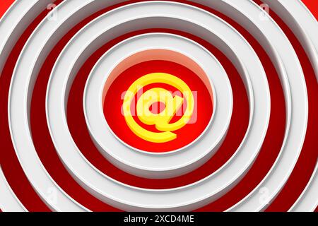 E-mail jaune illuminé au symbole sur une cible en œil de taureau sur fond rouge. Technologie et concept de communication. Rendu 3D. Banque D'Images