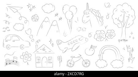 Paysage fantaisiste avec un arbre et une fleur, dessiné dans un style de doodle dessiné à la main par un enfant en utilisant de la craie sur l'asphalte. Illustration de Vecteur