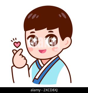 Garçon style Kawaii Chibi dans les vêtements nationaux coréens (Hanbok) faisant un geste de coeur de doigt. Illustration clip art vectorielle de personnage animé mignon. Illustration de Vecteur