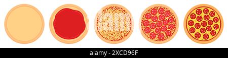 Procédé de préparation de pizza pepperoni. Base de pâte, ajouter la sauce tomate, le fromage râpé et le salami avant la cuisson. Illustration vectorielle de style de dessin animé simple Illustration de Vecteur