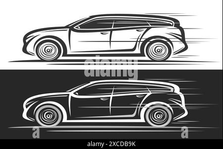 Logo vectoriel pour la voiture Station Wagon, bannières décoratives automobiles avec illustration de contour de la longue voiture à moteur monochrome en mouvement, art de ligne urbain couru Illustration de Vecteur