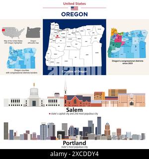 Carte des comtés de l'Oregon et carte des districts du Congrès depuis 2023. Les gratte-ciel de Salem (capitale de l'État) et Portland (ville la plus peuplée de l'État). Vecto Illustration de Vecteur