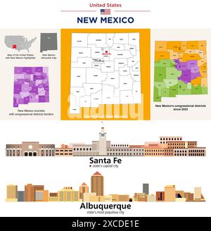 Carte des comtés du Nouveau-Mexique et carte des districts du Congrès depuis 2023. Santa Fe (capitale de l'État) et Albuquerque (ville la plus peuplée de l'État) skyli Illustration de Vecteur