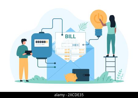 Facture d'électricité, paiement pour facture. Les minuscules personnes appuient sur le bouton d'alimentation sur l'ampoule, l'homme et la femme vérifient le compteur électrique pour payer la consommation d'électricité et économiser l'illustration vectorielle de dessin animé d'énergie Illustration de Vecteur