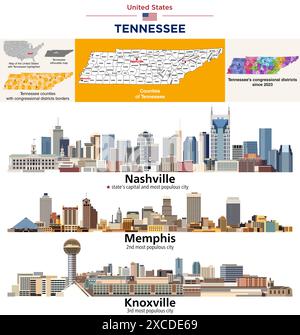 Carte des comtés du Tennessee et carte des districts du Congrès depuis 2023. Horizon de Nashville, Memphis et Knoxville. Ensemble de vecteurs Illustration de Vecteur