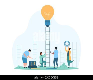 Optimisation, développement d'idées créatives, réalisation d'objectifs pour l'équipe d'employés. De minuscules personnes réparent les escaliers qui mènent à l'ampoule jaune, font l'illustration vectorielle de dessin animé de solution efficace Illustration de Vecteur