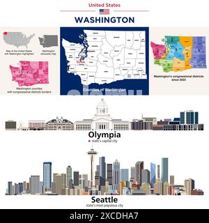 Carte des comtés de Washington et carte des districts du Congrès depuis 2023. Olympia (capitale de l'État) et Seattle (ville la plus peuplée de l'État). Illustration de Vecteur