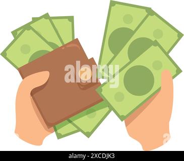 Mains prenant ou mettant de l'argent dans le portefeuille en cuir marron Illustration de Vecteur