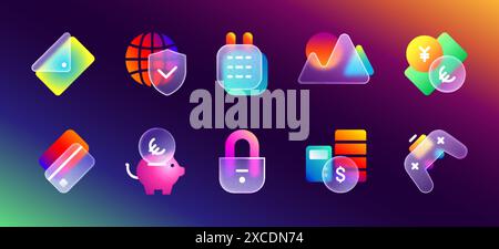 Icônes d'interface utilisateur de morphisme en verre mat transparent avec dégradé de néon violet. Boutons givrés réalistes avec effet de flou glassmorphisme. Ensemble de vecteur de tirelire, enveloppe, calendrier, manette de jeu, serrure pour site Web. Illustration de Vecteur