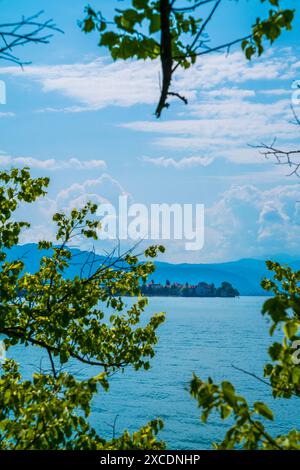 Allemagne, l'île de Lindau abrite derrière l'eau silencieuse du lac constance bodensee entre les feuilles vertes d'une branche en été Banque D'Images