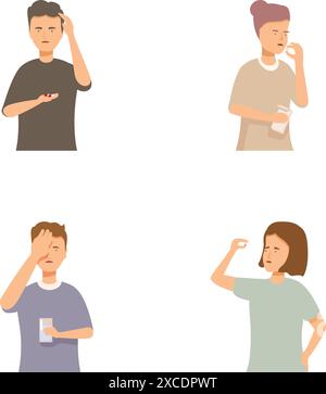 Ensemble de quatre illustrations de dessins animés montrant des individus aux expressions perplexes, certains tenant la tête Illustration de Vecteur