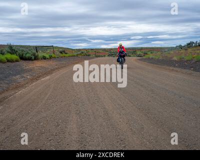 WA25400-00...WASHINGTON - Tom Kirkendall chevauchant la route de vélo de montagne Cross Washington à travers Badger Mountain. Banque D'Images