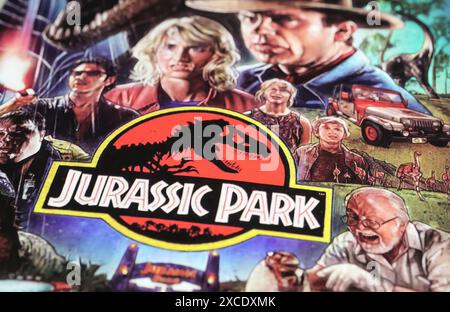 Viersen, Allemagne - 9 mai. 2024 : détail de l'affiche du film de cinéma du film Jurassic Park Banque D'Images
