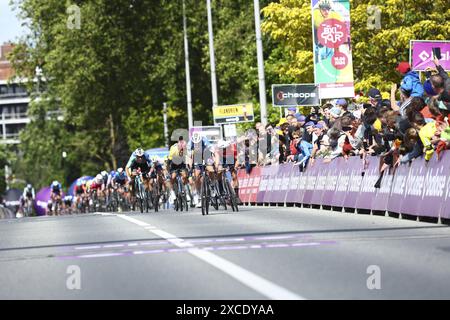 Scherpenheuvel Zichem, Belgique. 16 juin 2024. Le tchèque Mathias Vacek de Lidl-Trek, le belge Tim Merlier de Soudal Quick-Step et le belge Jasper Philipsen d'Alpecin-Deceuninck photographiés en action lors de la dernière étape de la course cycliste Baloise Belgium Tour, 185 km avec départ et arrivée à Bruxelles, dimanche 16 juin 2024. BELGA PHOTO DAVID PINTENS crédit : Belga News Agency/Alamy Live News Banque D'Images