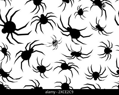 Modèle sans couture de veuve noire. Silhouettes noires d'araignées sur fond blanc. Vue de l'araignée de côté et de dessus. Conception pour l'impression, b Illustration de Vecteur
