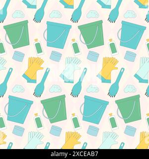 Nettoyage du motif sans couture. Fournitures pour nettoyer le fond de répétition de maison. Nettoyer le couvercle de service avec un seau, des gants, des brosses et du savon. Contour vectoriel ill Illustration de Vecteur