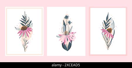 Jeu de modèles de cartes de vœux Coneflower violet. Collection de bannières verticales fleurs sauvages d'Echinacea. Illustration plate dessinée à la main de vecteur. Illustration de Vecteur