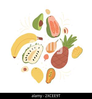 Fruits tropicaux isolés sur fond blanc. Ensemble de dessert exotique de salade sucrée. Illustration de collection plate dessinée à la main de vecteur. Illustration de Vecteur
