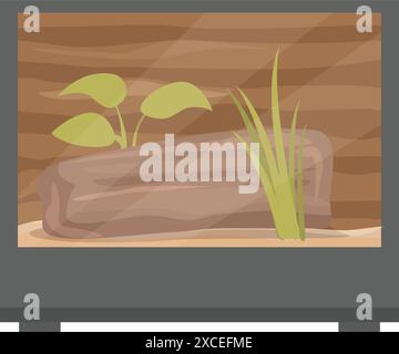 Terrarium en verre avec toit ouvert, avec un substrat sablonneux, des plantes vertes et un fond en bois Illustration de Vecteur