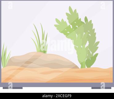 Terrarium en verre avec substrat de sable, plantes et un coin de repos pour garder les reptiles Illustration de Vecteur