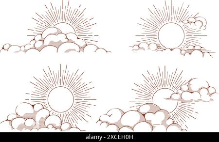 Soleil dessiné à la main avec des nuages Illustration de Vecteur