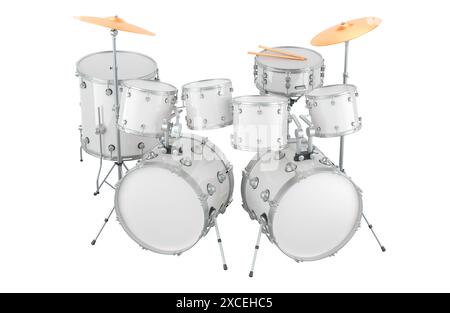 White Drum Kit, rendu 3D isolé sur fond blanc Banque D'Images