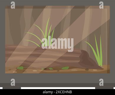 Terrarium avec substrat, bûche de bois et herbe poussant à l'intérieur, simulant un habitat naturel Illustration de Vecteur