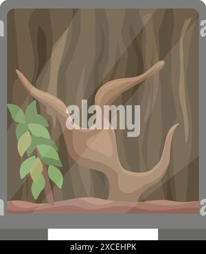 Terrarium en verre avec un fond sablonneux, une branche en bois et une plante verte Illustration de Vecteur