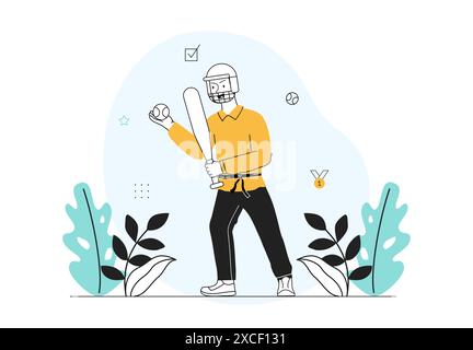 Concept de joueur de baseball. Homme en casque et balle dans la main. Mode de vie actif et sport. Athlète lors d'un tournoi ou d'une compétition. Plat linéaire Illustration de Vecteur