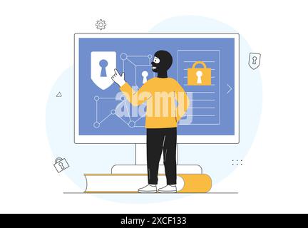 Pirate informatique. Homme dans le masque noir près du moniteur pc. Criminel sur Internet, danger en ligne. Un fraudeur vole des mots de passe et des données personnelles. Linéaire Illustration de Vecteur