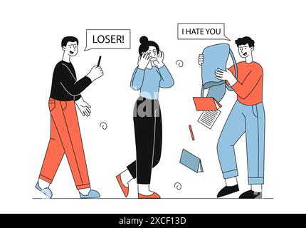 Intimidation à l'école. Les adolescents insultent une écolière et jettent ses affaires dans son sac à dos. Sentiments et émotions négatifs. Solitude et dépression Illustration de Vecteur