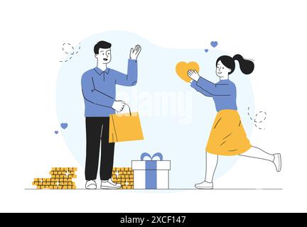 L'homme achète le concept d'amour. Fille porte son cœur dans les mains à un gars riche. Relation gourmande. Millionnaire donner des cadeaux et des cadeaux à petite amie. Plat linéaire Illustration de Vecteur