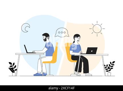 Concept de communication à distance. Homme et femme s'assoient aux ordinateurs et communiquent par appel vidéo dans les médias sociaux. Les employés à distance et les freelances travaillent sur Illustration de Vecteur