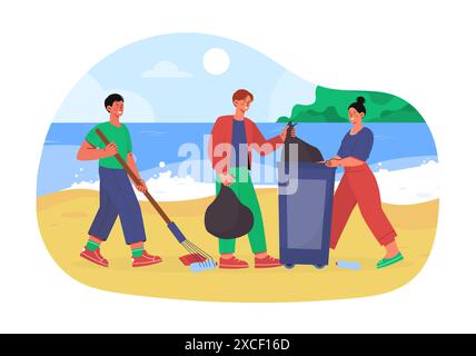 Les gens nettoient la plage. Les hommes avec des râteaux et des sacs collectent des bouteilles en plastique. Pollution du littoral. Activistes et bénévoles respectueux de l'environnement. Dessin animé plat Illustration de Vecteur