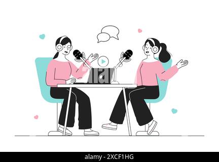 Concept d'interview radio. Les femmes s'assoient avec des microphones devant l'ordinateur portable. Présentateurs radio enregistrant un podcast. Contenu pour réseaux sociaux. Journaliste Illustration de Vecteur