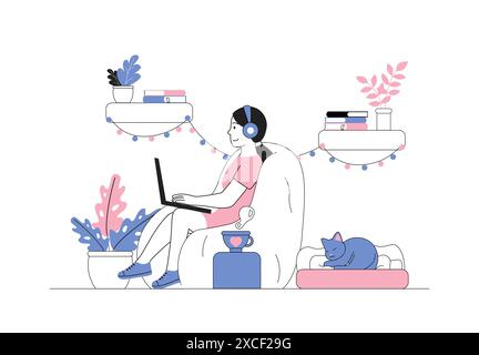 Femme se reposant avec un ordinateur portable. La fille est assise sur un pouf avec un ordinateur dans les mains. Gamer et e sportif avec des jeux vidéo. Personne regarde des films et des séries télé Illustration de Vecteur