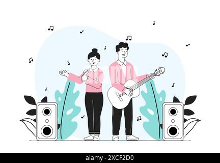 Un groupe musical se produit. Homme avec guitare et femme avec microphone se produisent sur scène. Artistes talentueux en spectacle ou concert. Loisirs culturels et Illustration de Vecteur