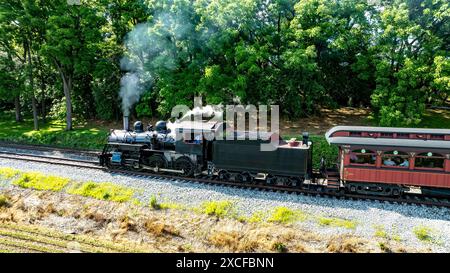 Une locomotive à vapeur noire avec le numéro 89 sur son côté tire des voitures de tourisme rouges le long d'Une voie ferrée, Puffing Steam au milieu D'Un fond boisé vert sous Un ciel clair. Banque D'Images