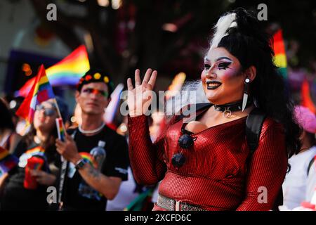 Une personne transsexuelle pose lors d'une manifestation pour les droits de LGTBQ. Avec la participation d'environ 10 000 personnes, la huitième marche fierté et dignité 'nous célébrons les identités, nous embrassons la liberté' de la communauté LGBT a eu lieu dans les rues du centre historique de Queretaro. Après la tournée, à laquelle ont participé 30 groupes, à pied et en motocyclettes, voitures et bus, l'événement s'est terminé dans le jardin Guerrero où diverses activités ont été menées et la fin des différents types de violence auxquels ce secteur a été confronté a été exigée. Banque D'Images